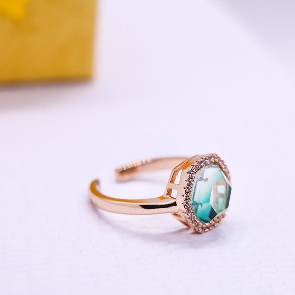 Adjustable Gold Plated Hexagon Green Stone Ring - Picture 3 of 8